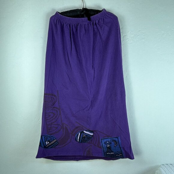 Vintage 90s Blue Fish Maxi Skirt Hand Printed Organic Cotton Size 1 Purple USA